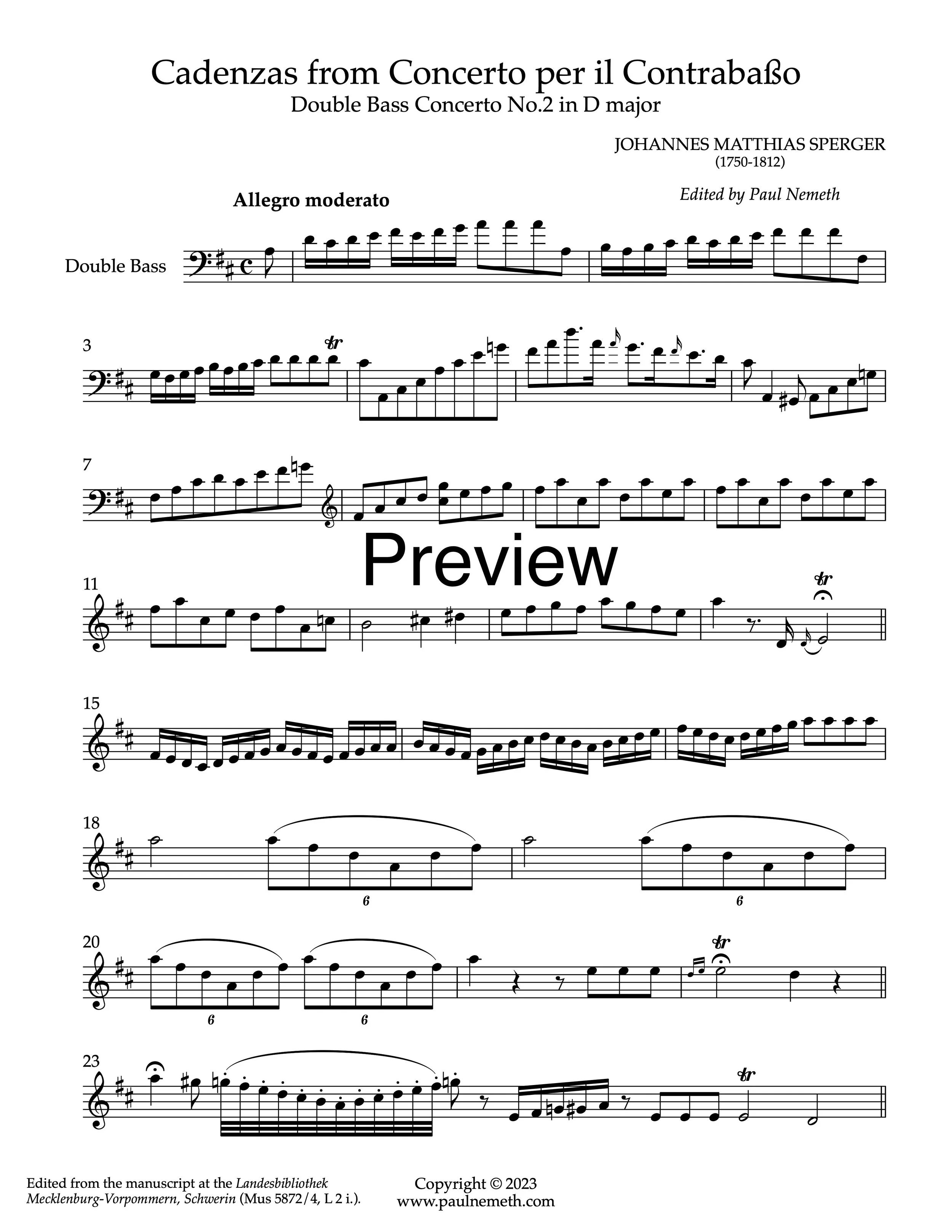 Sperger - Double Bass Concerto No.2 in D major (Urtext), Score and